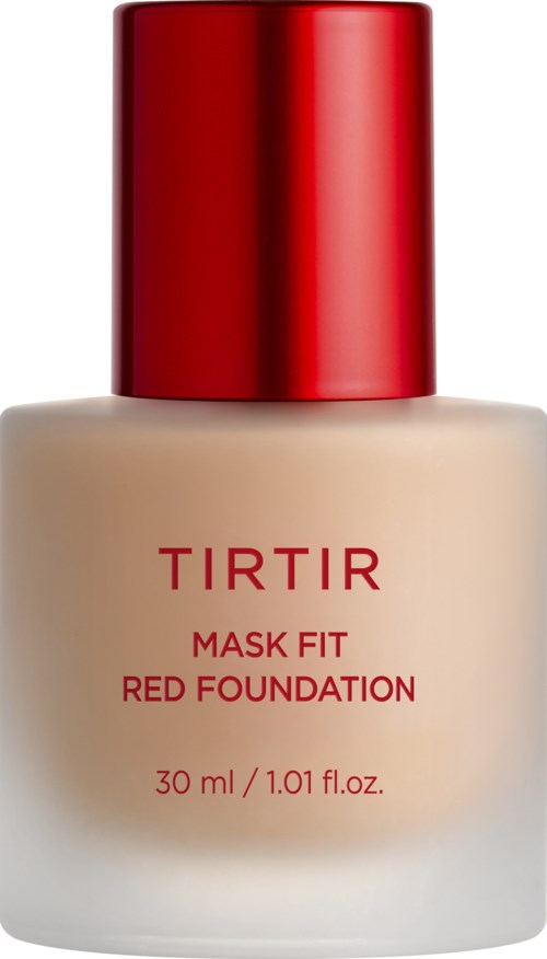 Eine Foundationsflasche mit rotem Deckel und beigem Körper. Das Etikett sagt TIRTIR Mask Fit Red Foundation. Es sind 30 ml.