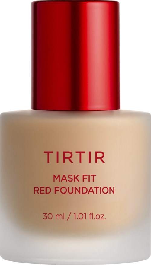 Eine Flasche TIRTIR Mask Fit Red Foundation mit rotem Deckel und beiger Flüssigkeit.