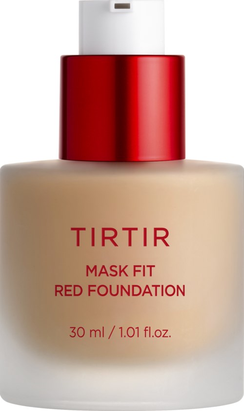 Eine Flasche TIRTIR Mask Fit Red Foundation, mit beigem Körper und rotem Deckel, enthält 30 ml Produkt.