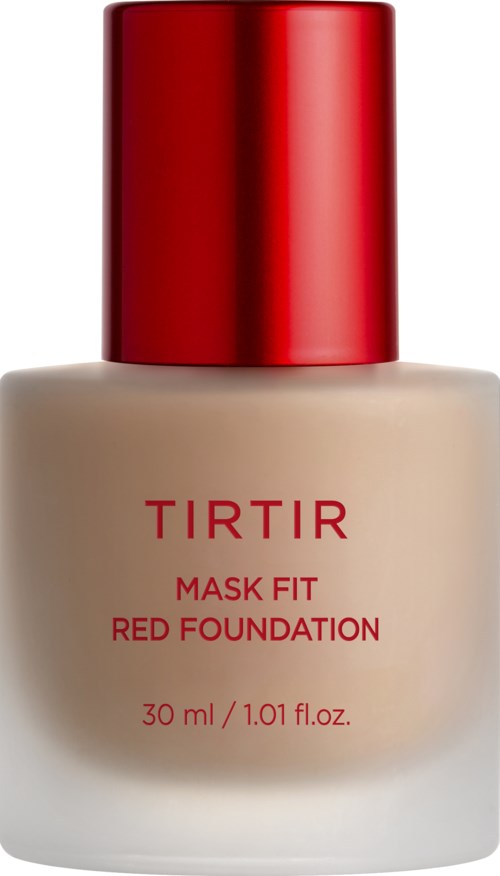 Eine beige Flasche mit TIRTIR Mask Fit Red Foundation und rotem Verschluss. Es sind 30 ml oder 1,01 fl oz.