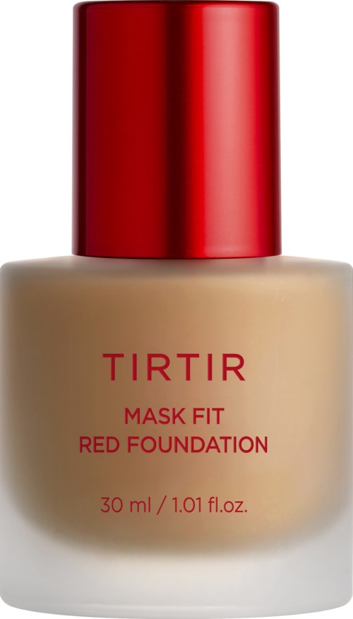 Eine beige Foundation-Flasche mit rotem Deckel, Beschriftung TIRTIR Mask Fit Red Foundation, 30 ml.