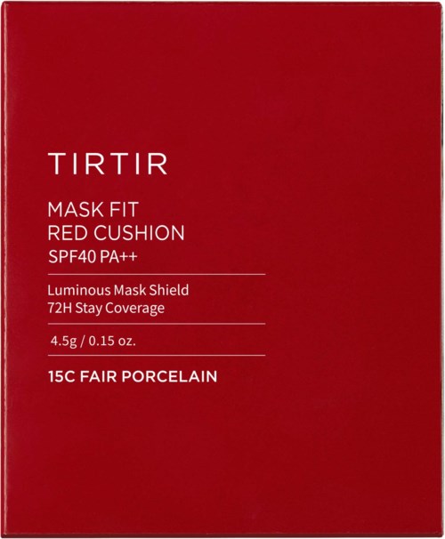 Red box with white text about a mask product, including SPF, coverage, and brand information.