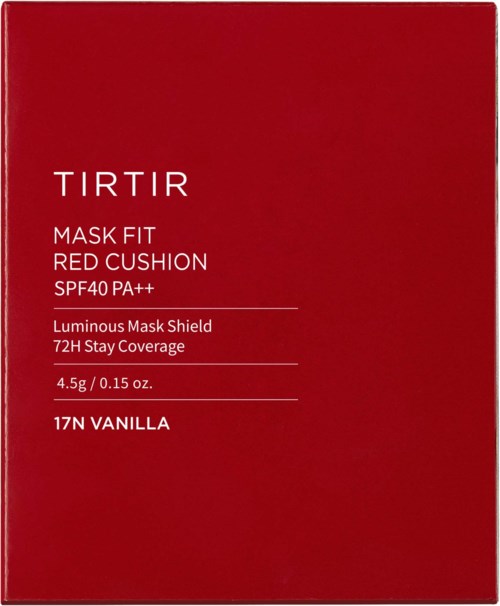 Rote Schachtel mit weißem Text über TIRTIR Maske, Foundation und Sonnenschutzdetails.