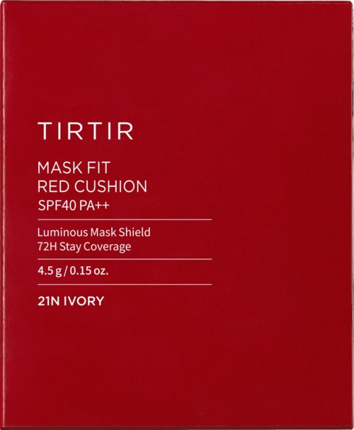 Rood doosje met witte tekst die een maskervoorwerp beschrijft, merk TIRTIR, met SPF en dekking details.