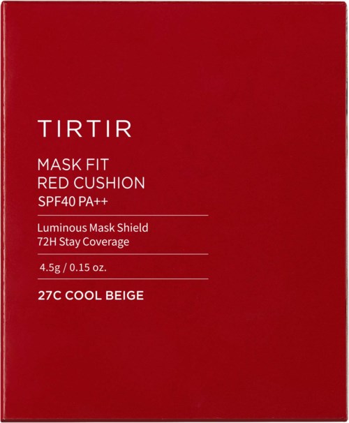 Red box with text about a mask product, including SPF, shade, and weight details.
