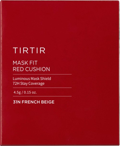 Rood doosje van Tirtir masker met details over pasvorm, dekking, gewicht en tint.