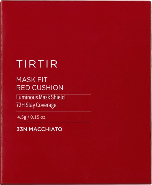 Red box with white text about Tirtir Mask Fit, cushion, and coverage. Contains product details and brand name.
