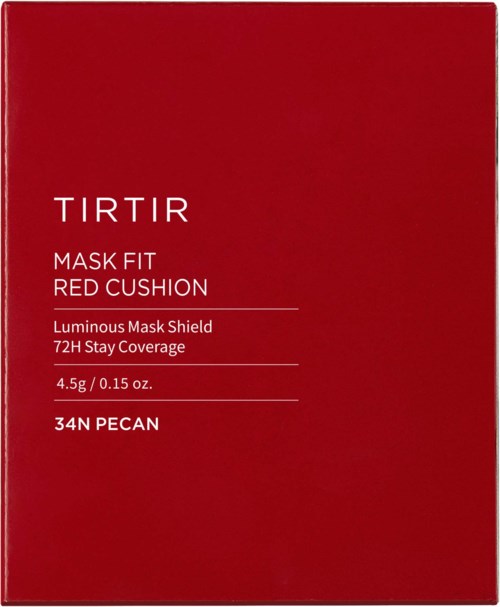 Red packaging box with white text about a mask product called TIRTIR, including details like fit, coverage, weight, and color.