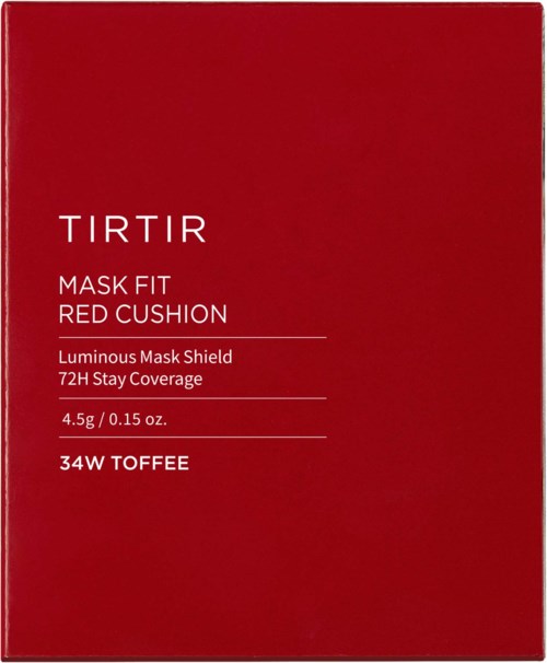 Red box packaging for Tirtir Mask Fit Red Cushion, a luminous face shield with 72-hour coverage.