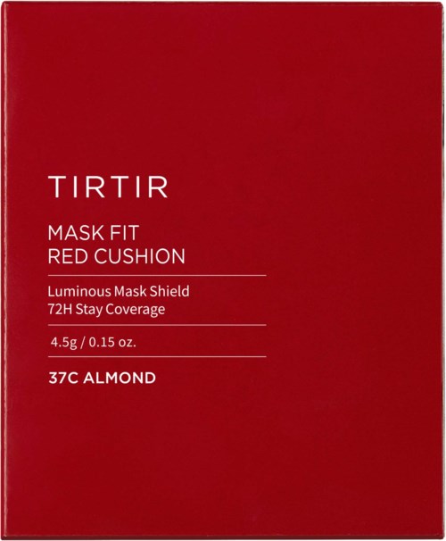Red box with white text advertising a makeup mask called TIRTIR with almond flavor.