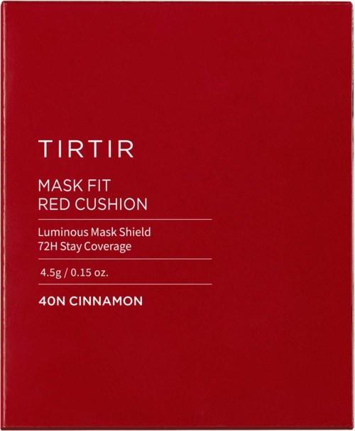 Red box with white text, showing the product name and details about a mask and its scent.