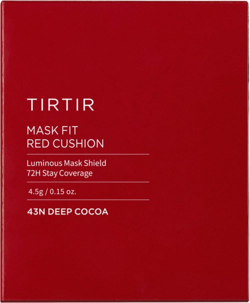 Red box packaging for a TIRTIR mask with product details, including color, coverage, weight, and scent.