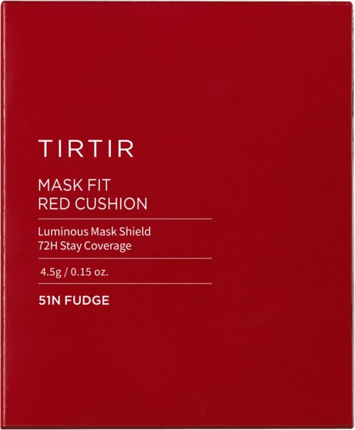 Rote Schachtel mit weißen Texten, zeigt Make-up-Produktdetails und Markennamen.