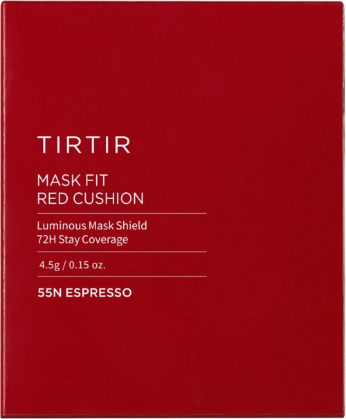 Red box with white text describing a mask cream for face, it stays on all day, contains 4.5g, and is called 55N Espresso.