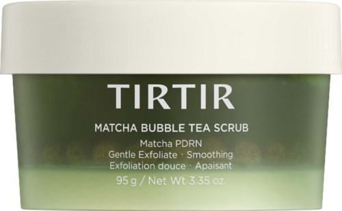 A green jar of TIRTIR Matcha Bubble Tea Scrub with a white lid, product details printed on the front.