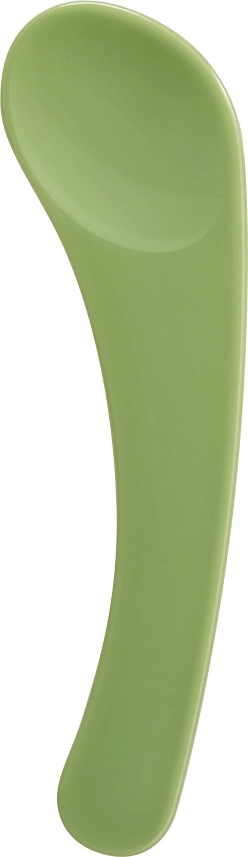 A green facial cleansing brush with an oval shape and soft bristles.