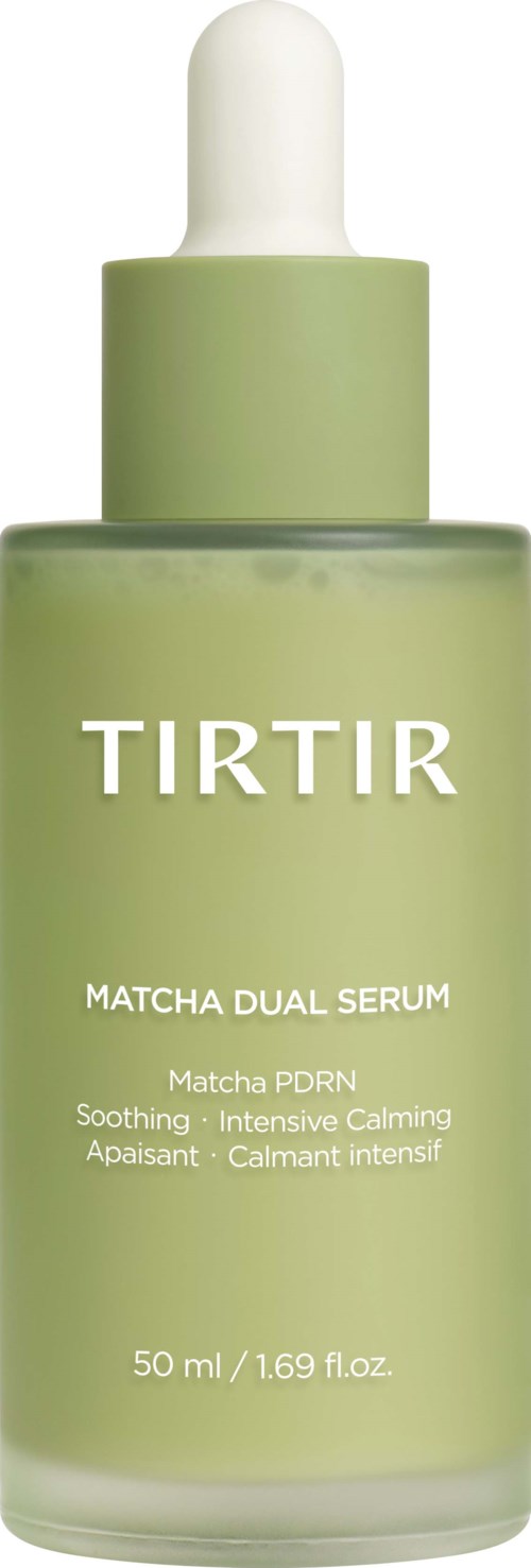 Green bottle of TIRTIR Matcha Dual Serum with white dropper cap, label describing soothing and calming skincare benefits.