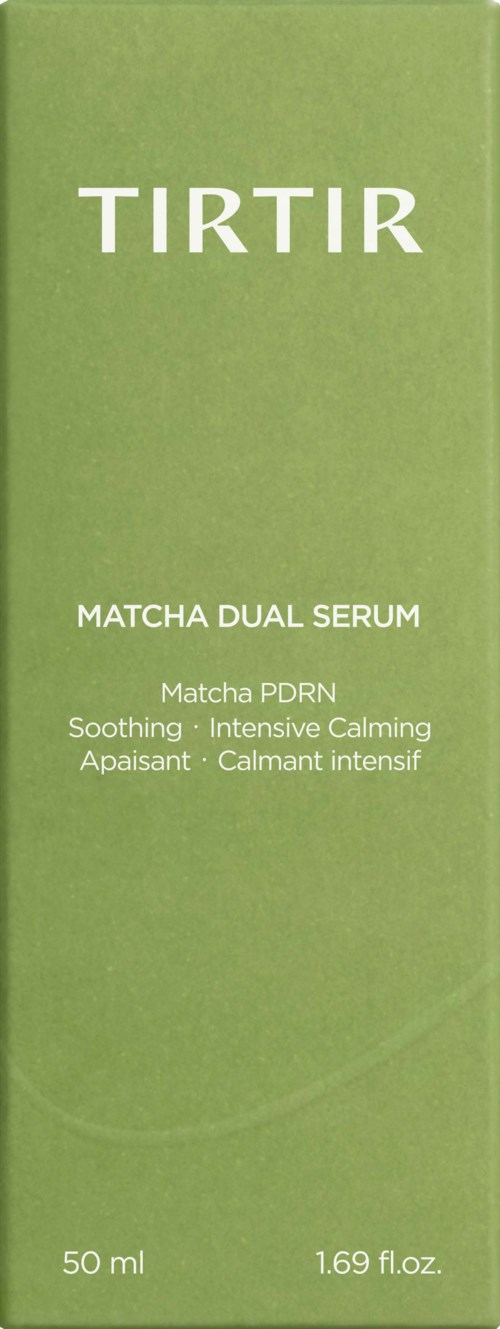 Green box with white text for TIRTIR Matcha Dual Serum, 50 ml, focusing on calming and soothing benefits.
