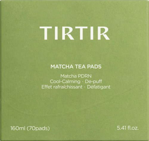 Vihreä Tirtir Matcha Tea Pads -rasia, 160 ml, 70 liuskaa, teksti sisältää tuotteen nimen, kuvauksen ja koon.