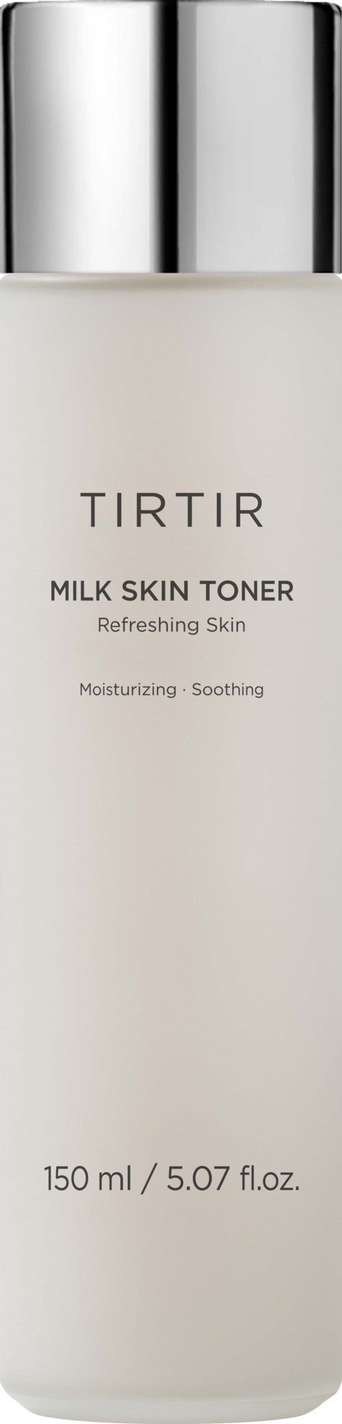 Een lange witte fles met zilveren deksel, gemarkeerd 'TIRTIR Milk Skin Toner' voor hydraterende en kalmerende huid.