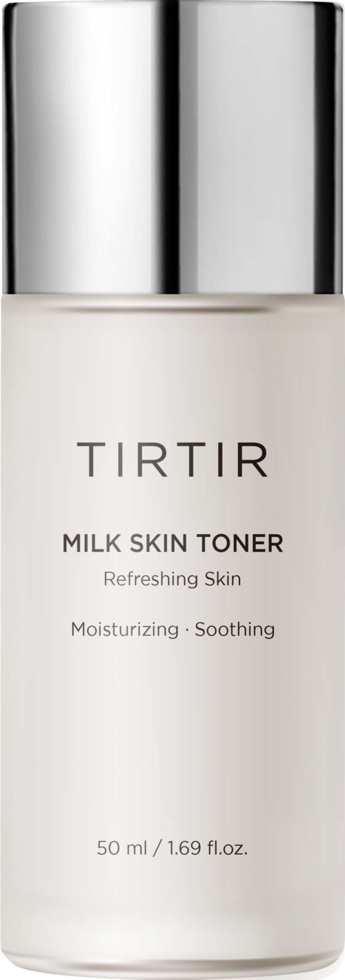 Een witte fles met een zilveren dop gemarkeerd TIRTIR Milk Skin Toner, benadrukt hydratatie en kalmering van de huid.