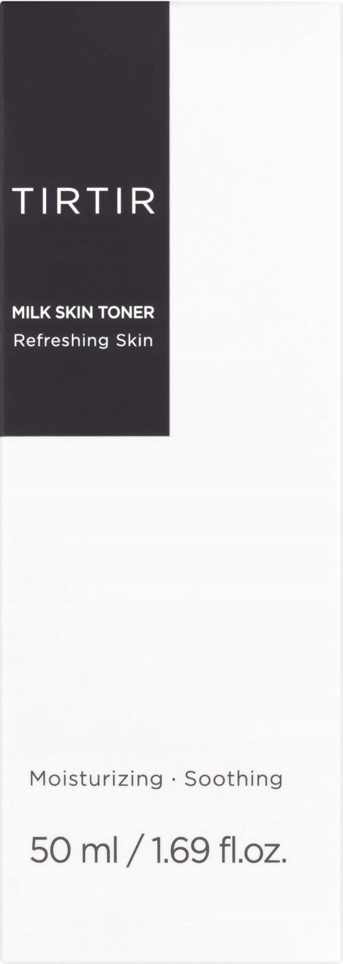De afbeelding toont een zwarte en witte fles met het merk TIRTIR, gelabeld als Milk Skin Toner voor verfrissende huid.