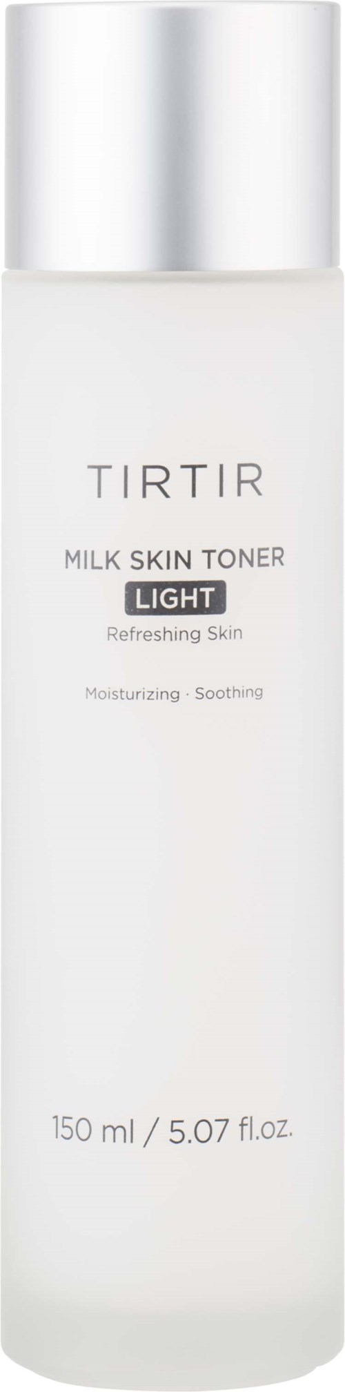 Een witte cilindrische fles met zilveren dop, labeled TIRTIR Milk Skin Toner Light voor hydratatie van de huid.