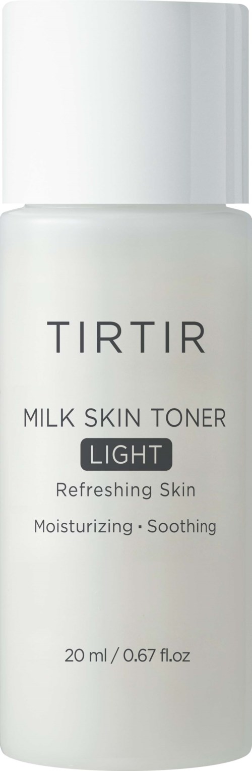 Eine weiße Flasche TIRTIR Milk Skin Toner mit weißem Deckel, gekennzeichnet für helle, feuchtigkeitsspendende und beruhigende Haut.