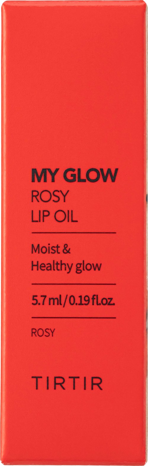 Red box with black text for TIRTIR's My Glow Rosy Lip Oil, 5.7 ml, promoting moist and healthy glow.