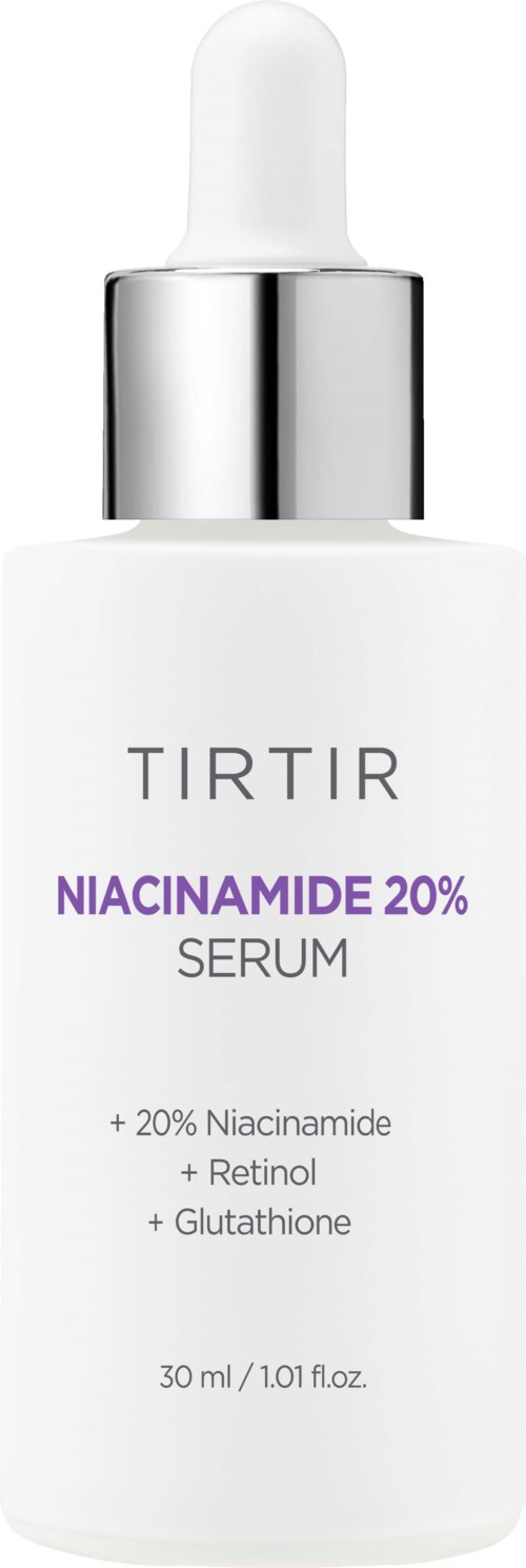 A white serum bottle with a dropper, labeled as TIRTIR Niacinamide 20% Serum, including ingredients like Retinol and Glutathione.