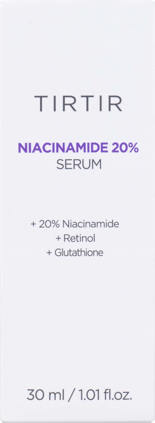 A skincare serum bottle label with ingredients: Niacinamide 20%, Retinol, Glutathione. Size: 30 ml.