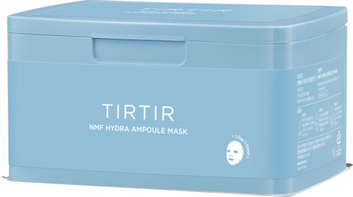 Een lichtblauwe verpakking voor een huidverzorgingsmasker met de merknaam TIRTIR en beschrijving NMK Hydra Ampoule Mask.