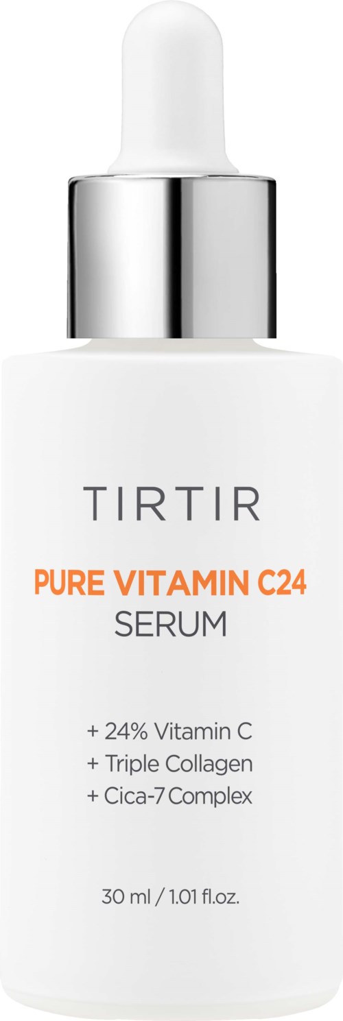Een witte serumfles met pipet, gemarkeerd Tirtir Pure Vitamin C24, bevat vitamine C, collageen en Cica-Complex.