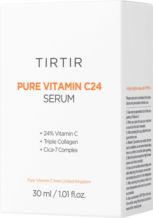 Een witte doos toont TIR TIR Pure Vitamin C24 Serum met ingrediënten zoals Vitamine C, Collageen en Cica-7. Voor een gezonde huid.