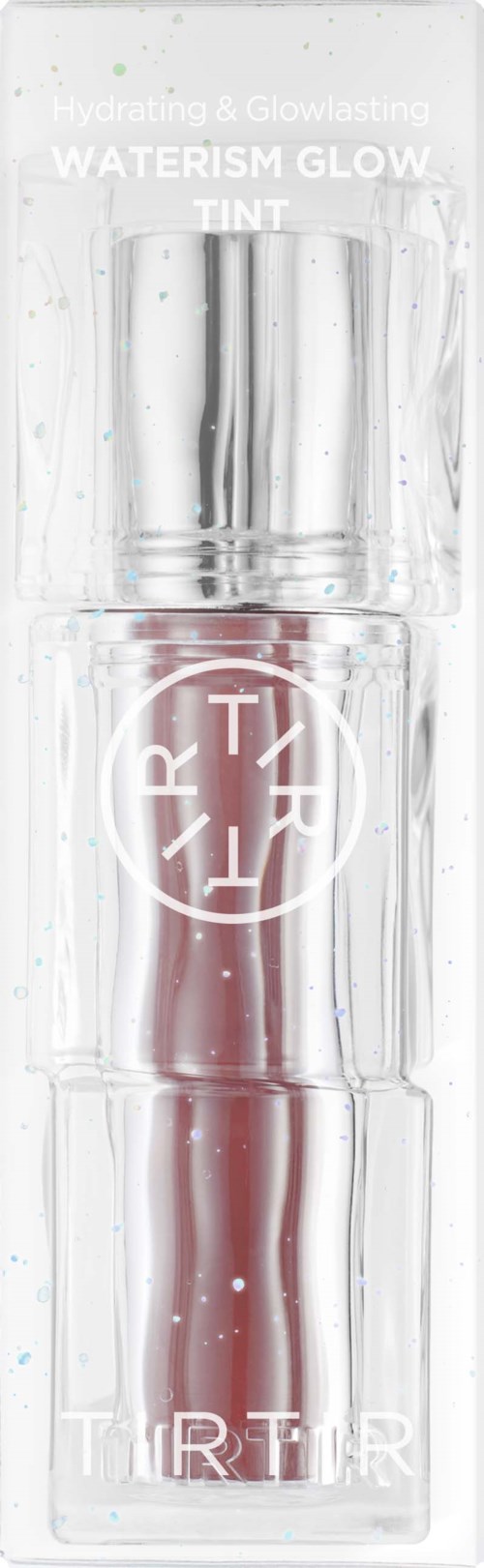 Doorzichtige lippenstift met witte tekst, bevat roze lipgloss. Verpakking is slank en transparant.