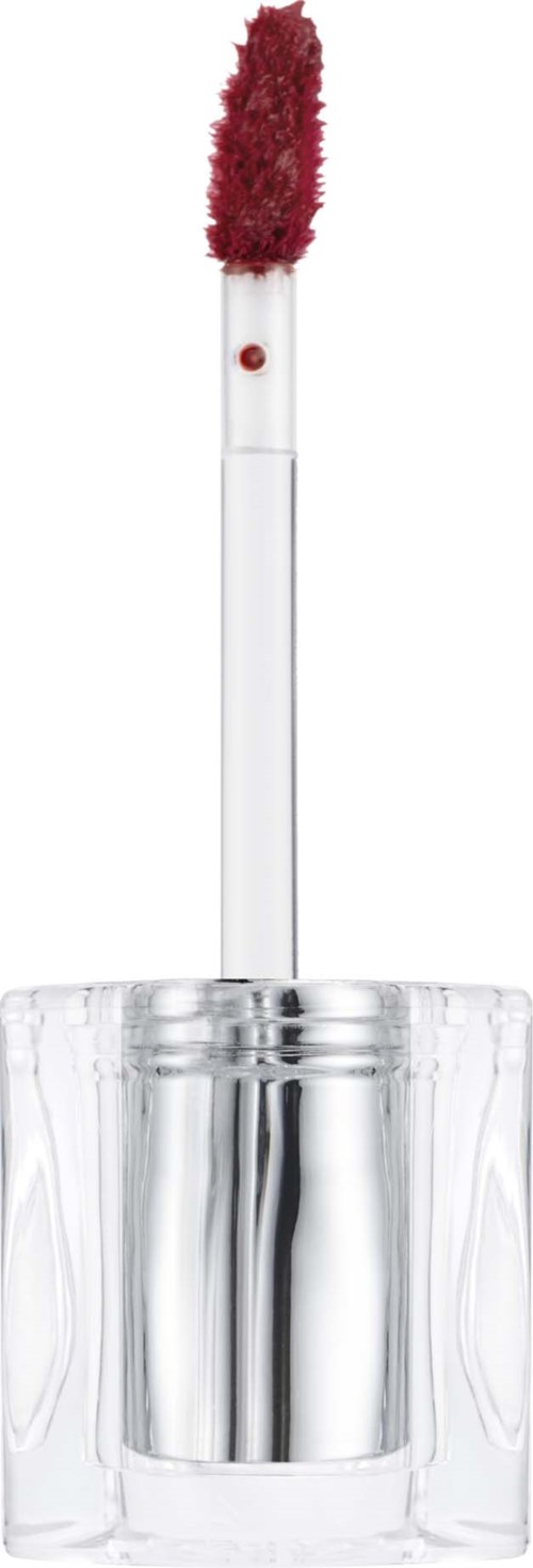 A makeup liquid lipstick with a red applicator and clear bottle.