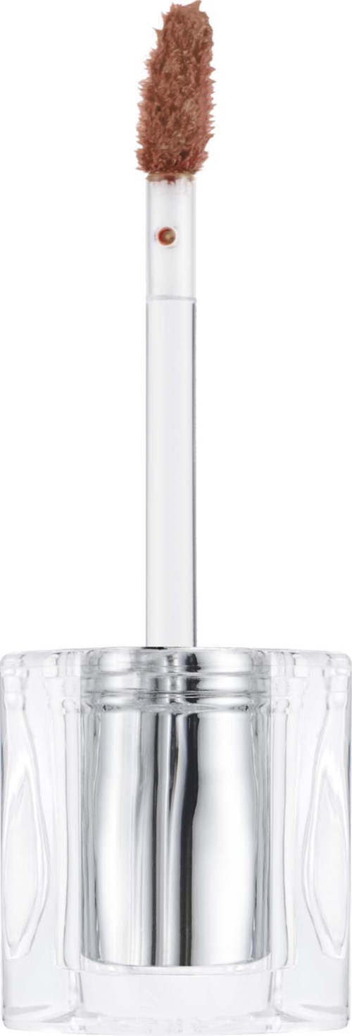 A clear lipstick tube with a brown lip gloss wand and a silver cap.