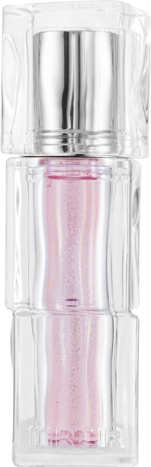 Een kleine, roze, glanzende fles in een doorzichtige plastic case met een zilveren dop.