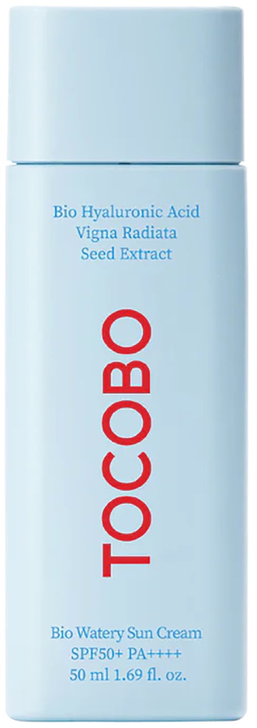 Vaaleansininen TOCOBO-aurinkorasvapullo SPF50+, sisältää hylauroniikkahappoa ja siemenöljyä.