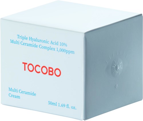 Laatikko, jossa lukee TOCOBO Multi Ceramide Cream, sisältää tietoja ainesosista ja tilavuudesta, pääosin valkoinen ja vaaleanharmaa väri.