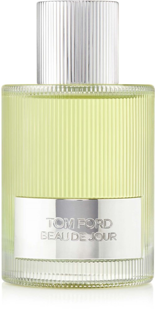 Eine hellgrüne Parfümflasche mit silbernem Etikett und einem gerippten silbernen Deckel, beschriftet mit 'Tom Ford Beau de Jour.'