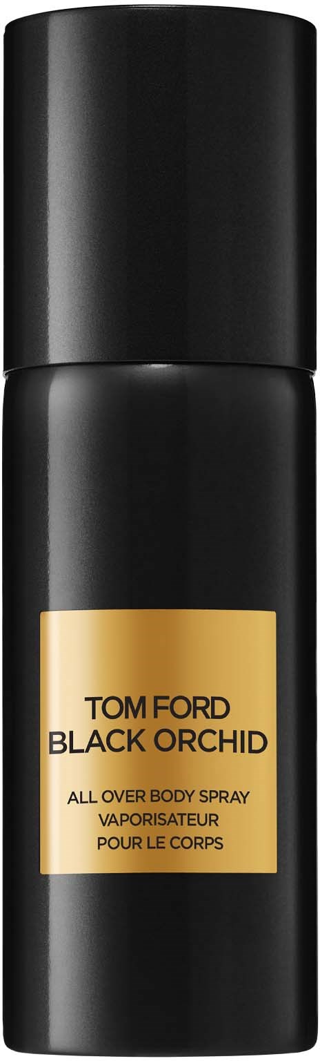 Een zwart sprayflesje met een gouden label dat zegt Tom Ford Black Orchid en lichaamsmist.