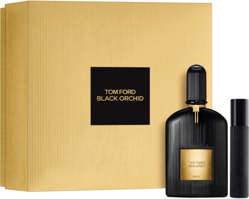 Een gouden doos met een zwart label met 'Tom Ford Black Orchid' en twee zwarte parfumflesjes.