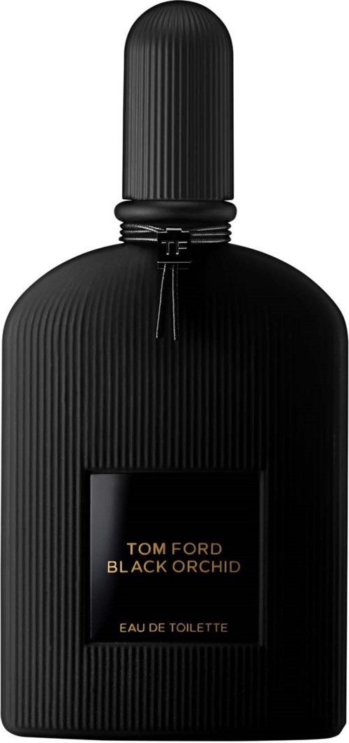 Een zwart parfumflesje met geribbelde textuur, label zegt Tom Ford Black Orchid, Eau de Toilette.