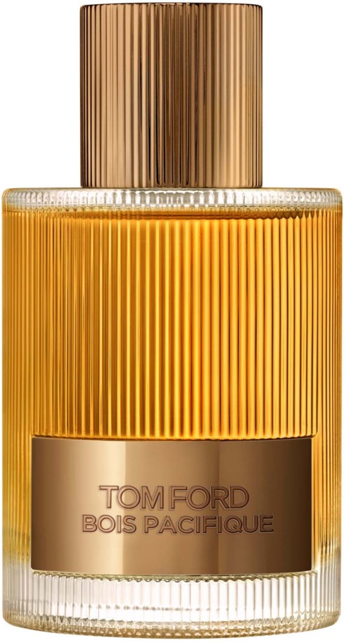A perfume bottle with a gold cap, ribbed texture, and a label saying 'Tom Ford Bois Pacifice'.