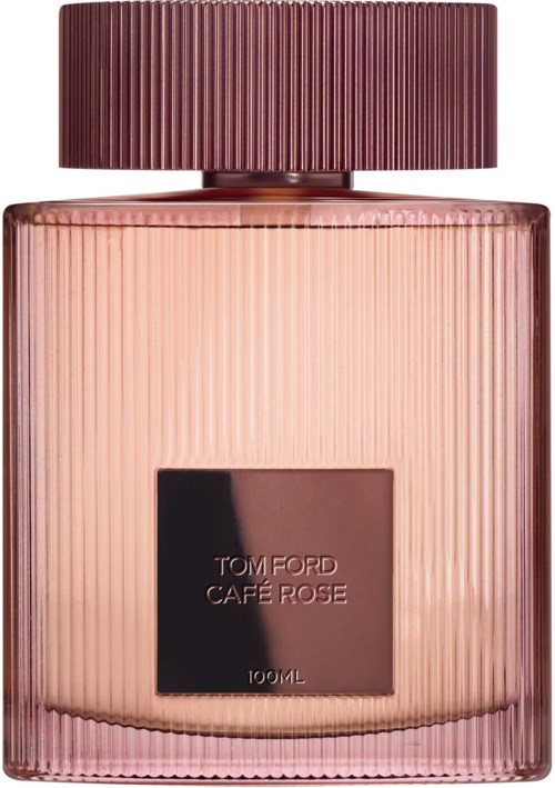 Een roze fles met een rood gestreept deksel, gelabeld 'Tom Ford Café Rose', bevat parfum.
