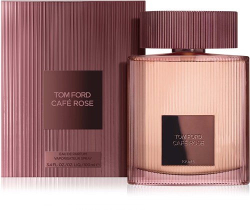 Een roze parfumfles en doos met verticale lijnen, gemerkt Tom Ford Café Rose, met een zwart vierkant logo.