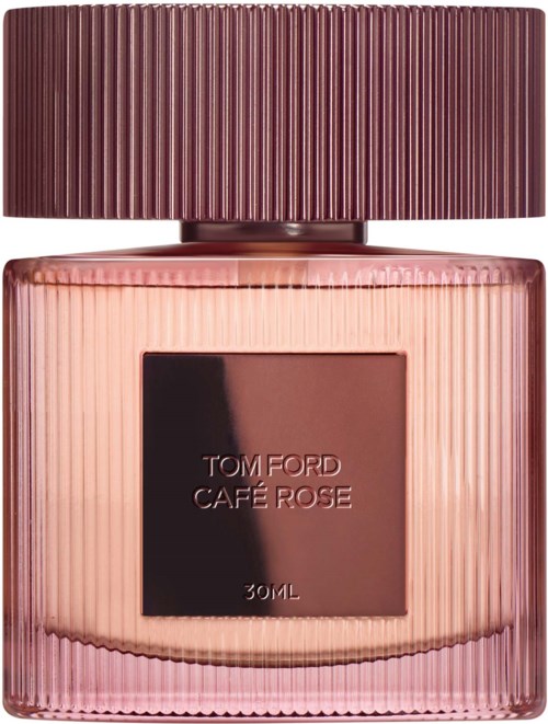 Een roze parfumfles met een grote, geribbelde donkere dop en een label dat 'Tom Ford Café Rose' zegt.