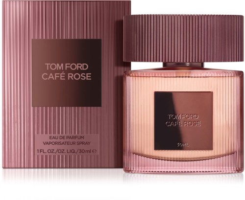 Een roze parfumfles met een gestreepte dop, naast een bijpassende gestreepte doos, gemerkt Tom Ford Cafe Rose.
