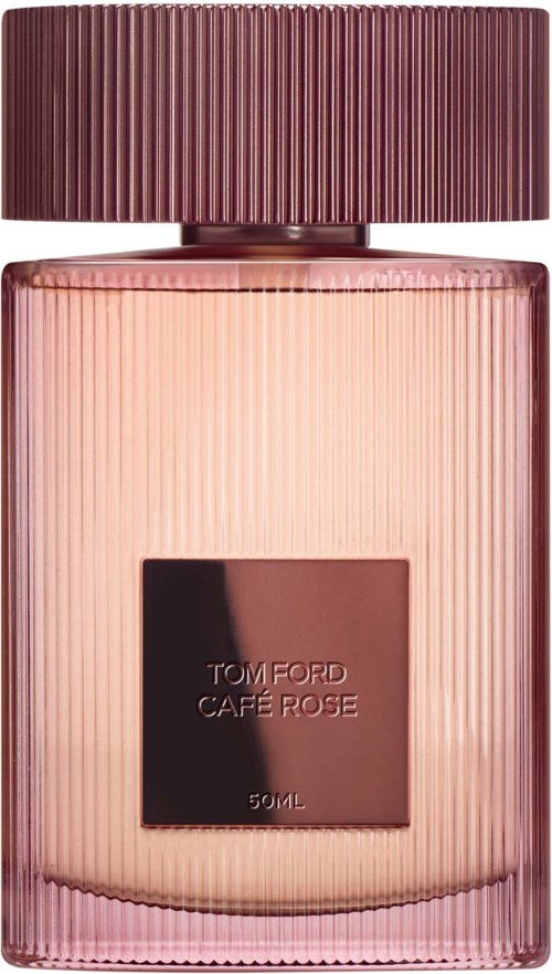Een roze parfumfles met een bruine dop, gemerkt 'Tom Ford Cafe Rose', 50 ml.